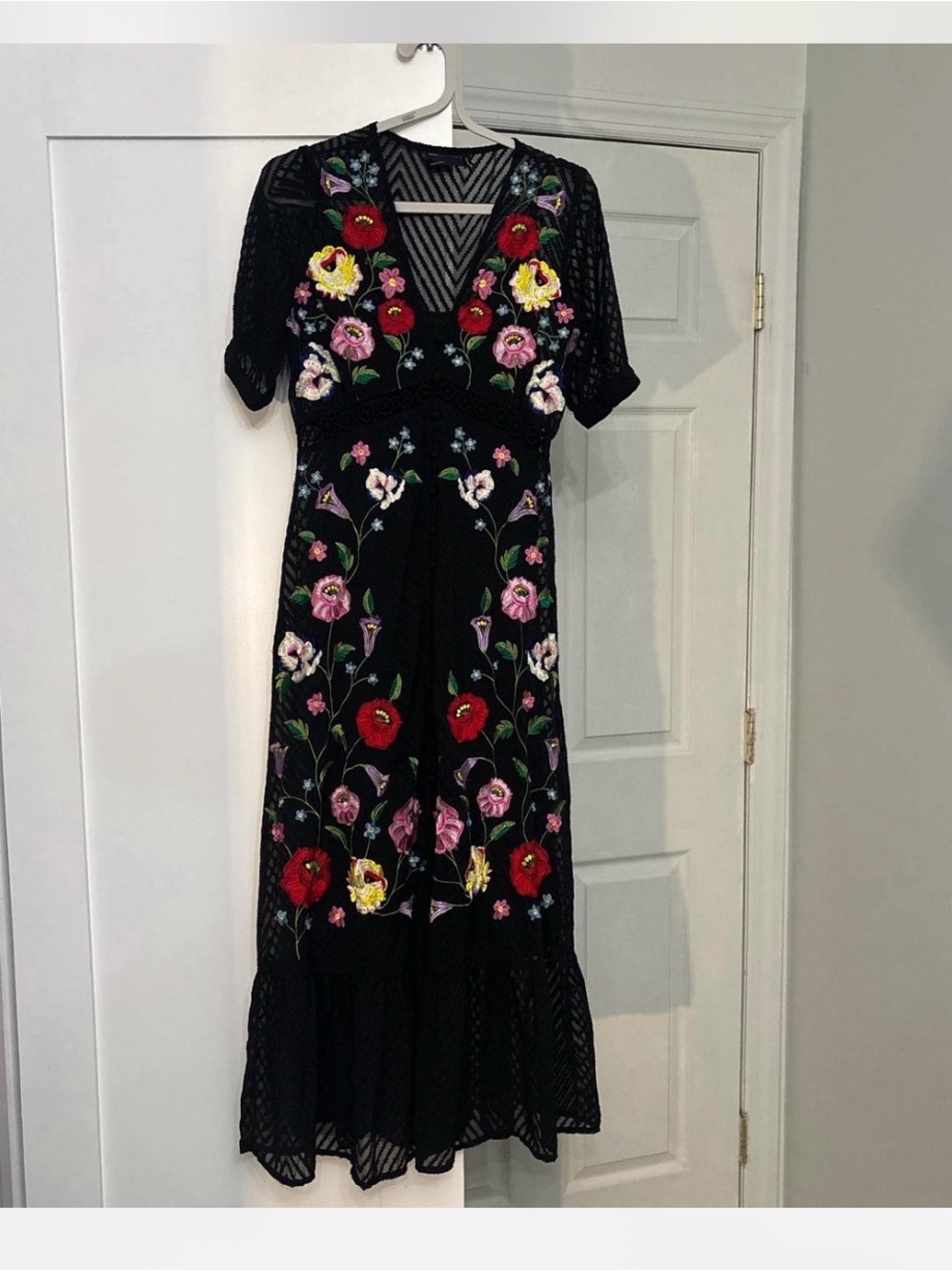 Black Floral Embroidered V-Neck Midi Dress
